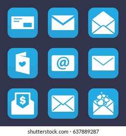 Email icon. set of 9 filled email icons such as mail, love letter, envelope, email, envelop