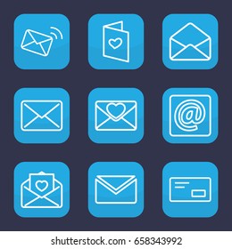 Email icon. set of 9 outline email icons such as love letter, envelope, at email, envelop
