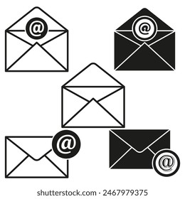 E-Mail-Symbolsatz. Schwarz-Weiß-Umschläge Bei Symbol eingeschlossen. Vektorillustration.