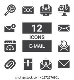 e-mail icon set. Collection of 12 filled e-mail icons included Email, Mail, Paper clip, Web optimization, Mail box, Search mail