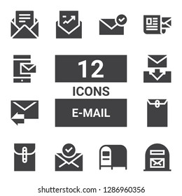 e-mail icon set. Collection of 12 filled e-mail icons included Mail box, Mailbox, Mail, Envelope, Email