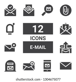e-mail icon set. Collection of 12 filled e-mail icons included Email, Mail box, Mail, Attach, Mailbox