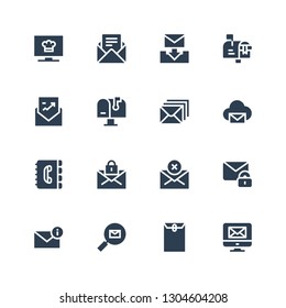 e-mail icon set. Collection of 16 filled e-mail icons included Email, Envelope, Mail, Contact book, Mailbox, Channel