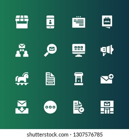 email icon set. Collection of 16 filled email icons included Post office, File, Message, Email, Letterbox, Trojan, Marketing, Web, Invitation, Contact, Market
