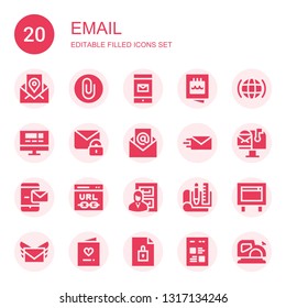 email icon set. Collection of 20 filled email icons included Email, Attach, Invitation, Internet, Website, Mail, Send, Mail box, Message, Url, Files, Sketching, File, Web, Planer