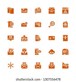 email icon set. Collection of 25 filled email icons included Website, Email, Mail, Communication, Mail box, Postcard, File, Search mail, Web, Inbox, Fax, Card, Cards