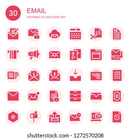 email icon set. Collection of 30 filled email icons included Email, Mail, Watercolor, File, Card, Marketing, Website, Inbox, Web, Inboxes, Messages, Arroba, Letterbox