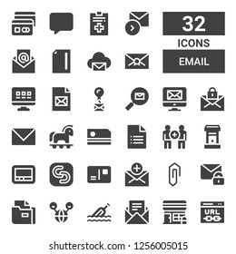 email icon set. Collection of 32 filled email icons included Url, Post office, Email, Message, Internet, File, Mail, Clip, Postcard, Safecopy backup, Pager, Letterbox, Communication