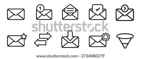 Email icon set. Email envelope, open mail, unread mail, sent mail, inbox tray, forward arrow, email setting, filter symbol. vector illustration.