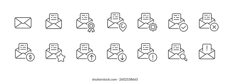 Email icon set featuring envelopes with various symbols and signs for web and app designs - vector.