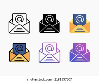 Juego de iconos de correo electrónico con línea, contorno, plano, relleno, glifo, color, gradiente. Se puede usar para productos digitales, presentación, diseño de impresión y más.