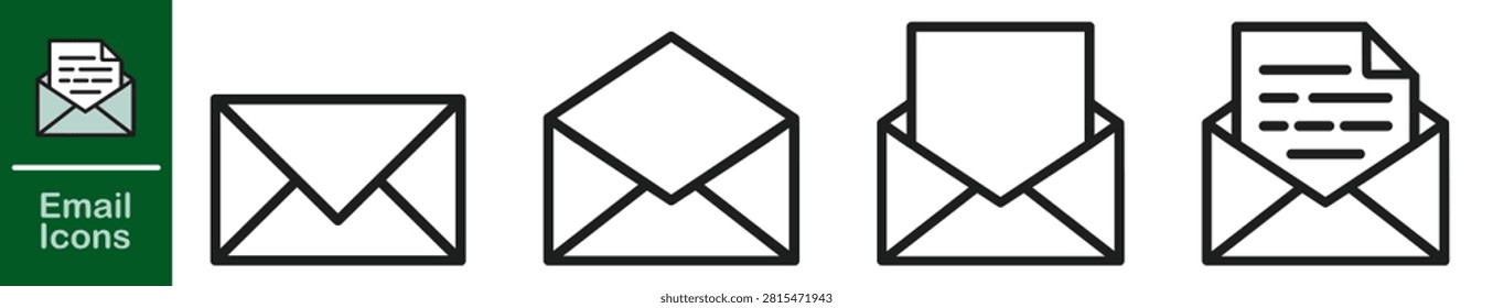 Email icon set with outlined envelope symbols showing message and notification status on transparent background.
