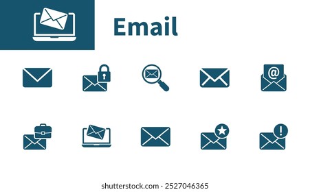 Icono de correo electrónico. Conjunto de símbolos de Vector sólido en el tema de contacto, correo, comunicarse, Internet.