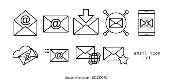 Email icon set. Thin line. Isolated on white background. 