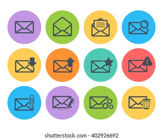 Email icon set.Vector mail icon set illustration.Vector black message icon set in flat style isolated on a color circle