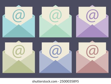 Email icon sheet with green, blue, purple, red, and yellow envelopes