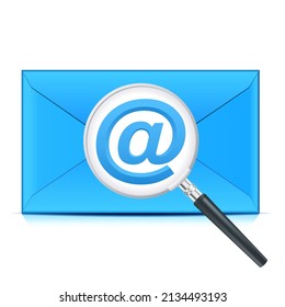 Email icon symbol with envelope and magnifying glass illustration isolated on white background
