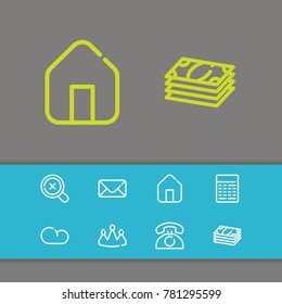 Email icon with telephone, calculator and cloud editable symbols. Set of letter, real estate, crown icons and home concept. Editable vector elements for logo web mobile app UI design.