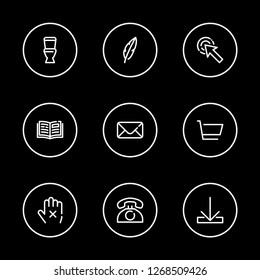 Email icon with telephone, open book and feather symbols. Set of cart, message, loading icons and quill concept. Editable vector elements for logo app UI design.