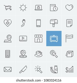 Email icon with tv, cursor and smartphone symbols. Set of pointer, click here, message icons and file concept. Editable vector elements for logo app UI design.