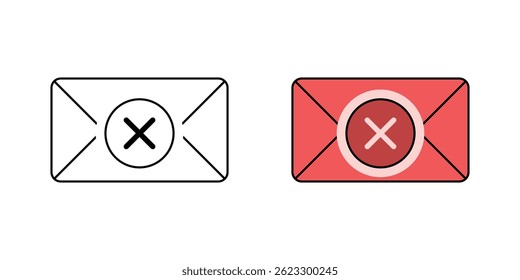 Email icon with an X in the center, symbolizing unsubscribing from newsletters and decluttering inbox, available in outline and color styles.