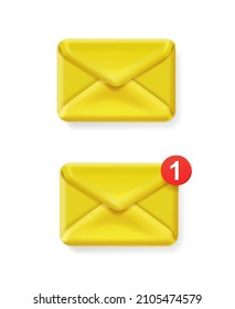 Email icon. Yellow envelope. Notification icon, incoming message. Vector 3d Illustration.