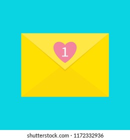 Email icon. Yellow paper envelope. Letter template. New message sign symbol. Unread mail notification with heart number marker. One Message. Flat design. Blue background. Isolated. Vector illustration