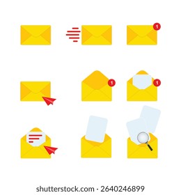 Email icons. 3d mail envelope icon set with marker. new message. Render email notification with letters, check mark, paper plane. Magnifying glass icon. 3d realistic vector. 