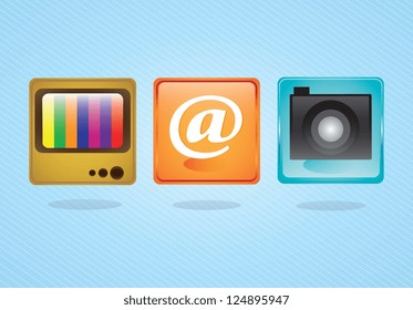 E-mail icons,  camera application and tv on blue background. Vector illustration
