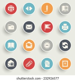 Email icons with color buttons on gray background.