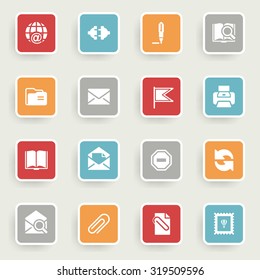 Email icons with color buttons on gray background.