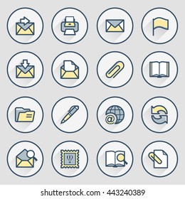 Email icons. Contour lines with color fills. Flat design. 