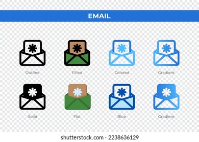 Email icons in different style. Email icons set. Holiday symbol. Different style icons set. Vector illustration