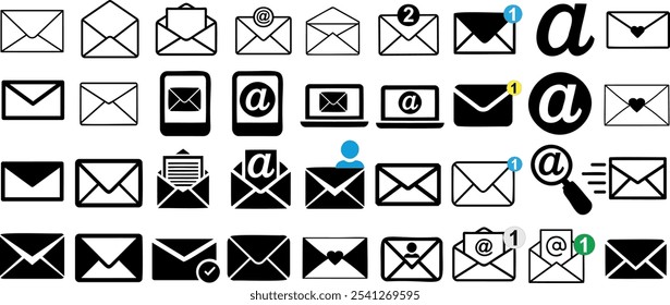 Iconos de correo electrónico, conjunto de Vectores de sobres, alertas de notificaciones, en símbolos en blanco y negro, que representan la comunicación, la bandeja de entrada y la mensajería digital, ideal para Sitios web, App y marketing por correo electrónico