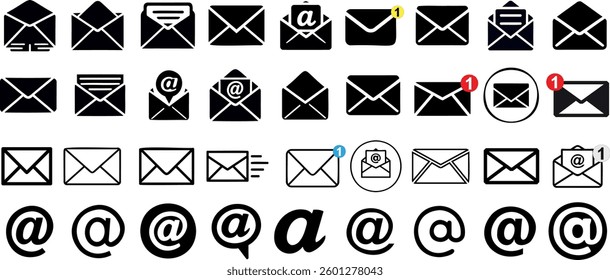 Email icons, envelope symbols vector set, mail notification signs, message icons, and at symbols in black, Digital communication, email alert, and messaging concept for web and apps