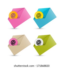 E-mail, Email Icons, Four Envelope sets and At Signs Isolated on White Background