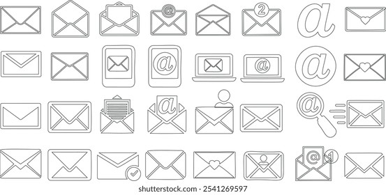 Email icons line art, envelope symbols, and digital communication illustration for web design, interfaces, messaging apps. Vector icons for email notifications, letters, and communication tools