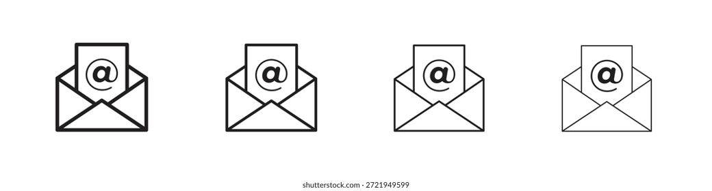 Iconos de correo electrónico delinean el diseño de Vector negro. Línea con trazo editable.