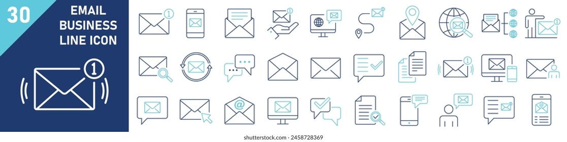 Email icons Pixel perfect. Email icon set. Set of 30 outline icons related to email. Linear icon collection. Email outline icons collection. Editable stroke. Vector illustration.