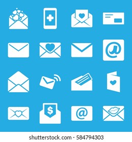email icons set. Set of 16 email filled icons such as love letter, envelope, letter, envelop, mail, envelope with dollar bill