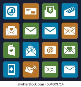 email icons set. Set of 16 email filled icons such as mail, love letter, letter, envelop, envelope with dollar bill