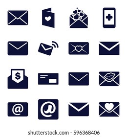 email icons set. Set of 16 email filled icons such as mail, love letter, envelop, envelope with dollar bill