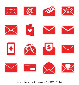 Email icons set. set of 16 email filled icons such as mail, love letter, envelope, email, letter, envelop, envelope with dollar bill