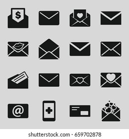 Email icons set. set of 16 email filled icons such as mail, love letter, envelope, email, letter, envelop, envelope with dollar bill
