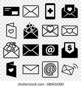Email icons set. set of 16 email filled and outline icons such as love letter, envelop, envelope with dollar bill, mail
