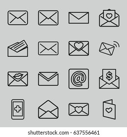 Email icons set. set of 16 email outline icons such as mail, love letter, envelope, at email, letter, envelope with dollar bill