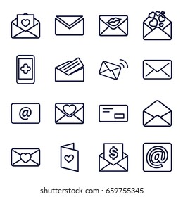 Email icons set. set of 16 email outline icons such as love letter, envelope, letter, envelop, mail, envelope with dollar bill