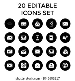 Email icons. set of 20 editable filled email icons such as hand on smartphone, mail, love letter, letter. best quality email elements in trendy style.