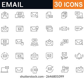 Conjunto de iconos de correo electrónico. Conjunto de 30 iconos de esquema que incluyen correo, mensaje, bandeja de entrada, comunicación, marketing, boletín, envío y contacto. Iconos de contorno de trazo editables.  