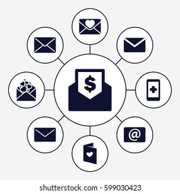 email icons set. Set of 9 email filled icons such as love letter, email, envelope with dollar bill, hand on smartphone